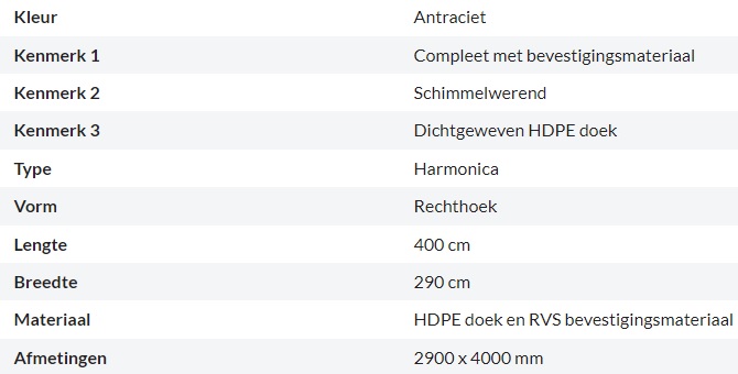 kenmerken schaduwdoek harmonica rechthoek antraciet 2,9x4m