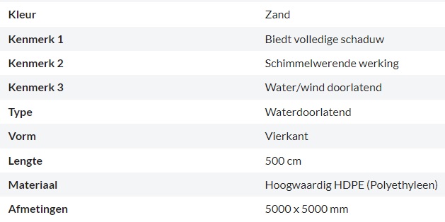 kenmerken schaduwdoek waterdoorlatend vierkant zand 5x5m